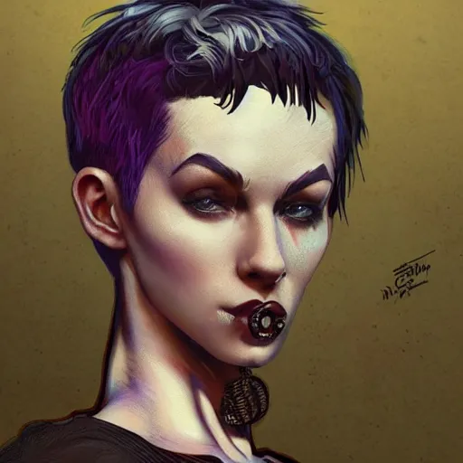 Image similar to character portrait of a retro punk woman in a pixie cut, shaved side of head, dystopian cyberpunk steampunk soviet mood, intricate, wild, highly detailed, digital painting, artstation, upper body, concept art, smooth, sharp focus, illustration, art by artgerm and greg rutkowski and alphonse mucha