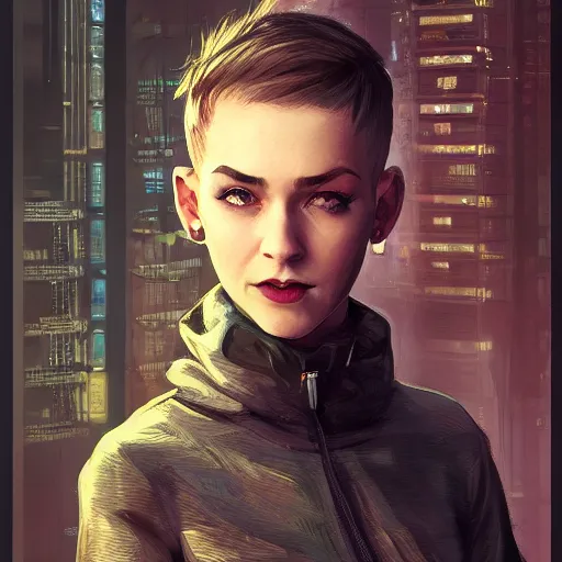 Prompt: character portrait of a 1950s girl in a hoodie, pixie cut, shaved side of head, dystopian cyberpunk steampunk soviet mood, intricate, wild, highly detailed, digital painting, artstation, upper body, concept art, smooth, sharp focus, illustration, art by artgerm and greg rutkowski and alphonse mucha