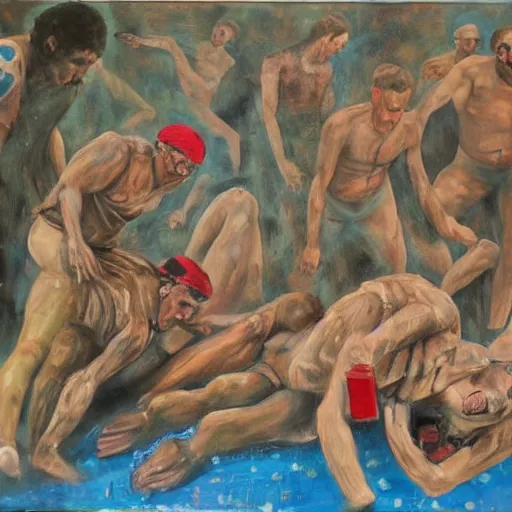 Image similar to 3 drunks fall over mud - wrestling,, where's wally, oil painted ( ( ( ( ( ( by salvador dali ) ) ) ) ) )