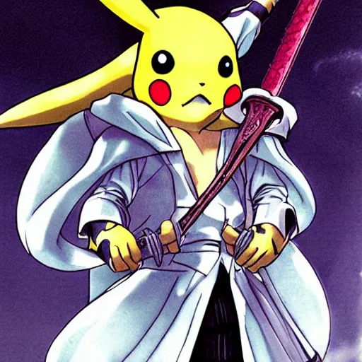 Image similar to Pikachu cosplaying Sephiroth with his long sword and a meaning face, coloured manga style