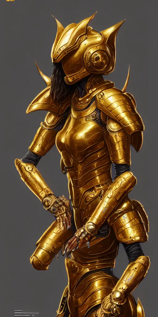 Image similar to hyper realistic and highly detailed of a woman golden armor, greg rutkowski, zabrocki, karlkka, jayison devadas, intricate, trending on artstation, 8 k, unreal engine 5, pincushion lens effect