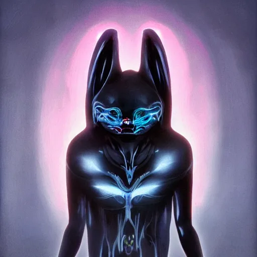 Prompt: humanoid black rabbit cyborg with outstretched head read the news, cartoon soft fluorescent fluffy eyes, translucent neon skin, mix styles of tsutomu nihei, video game art, battle scene, zdzisław beksinski and giger, in full growth, no blur