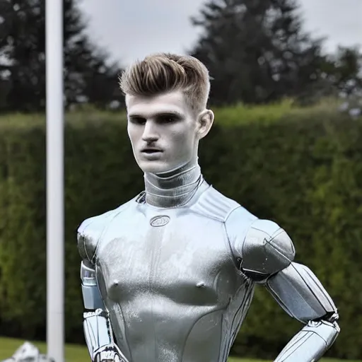 Image similar to a realistic detailed photo of a guy who is an attractive humanoid who is half robot and half humanoid, who is a male android, soccer player timo werner, shiny skin, posing like a statue, blank stare, by the pool, on display, showing off his muscles, humanoid robot, frozen ice statue, made of ice