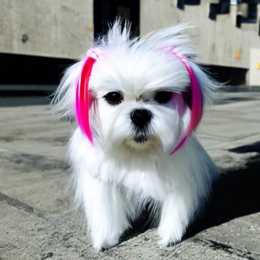 Image similar to a cyberpunk maltese dog