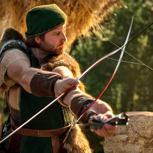 Prompt: robin hood aiming his bow and arrow towards the shining sun, highly detailed, extremely high quality, hd, 4 k, 8 k, professional photographer, 4 0 mp, lifelike, top - rated, award winning, realistic, detailed lighting, detailed shadows, sharp, no blur, edited, corrected, trending