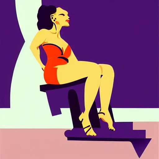 Prompt: a painting of a woman in a bathing suit sitting on a boat, an art deco painting by tom whalen, trending on behance, art deco, digital illustration, storybook illustration, art deco, flat shading, vector art, airbrush