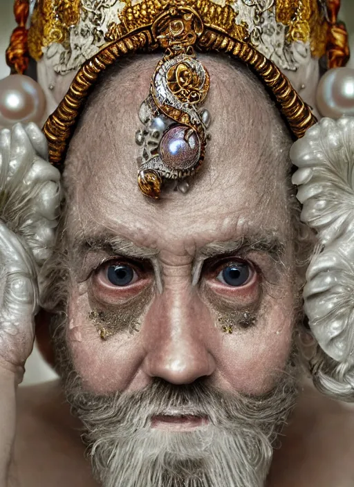 Image similar to hyperrealism, detailed textures, award winning autochrome photo, symetrical old bearded man pearl medusa king autochrome pearl portrait, pearl silverplate, intricate, detailed facial pearl animal mask, pearl, golden jewelery, silverplate, ultra realistic, cinematic, intricate, cinematic light by steve mccurry, unreal engine 8 k