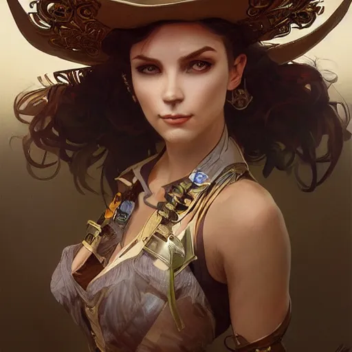 Image similar to rip taylor, portrait, western, steampunk, flamboyant duster, fantasy, intricate, elegant, highly detailed, digital painting, artstation, concept art, sharp focus, illustration, art by artgerm and greg rutkowski and alphonse mucha