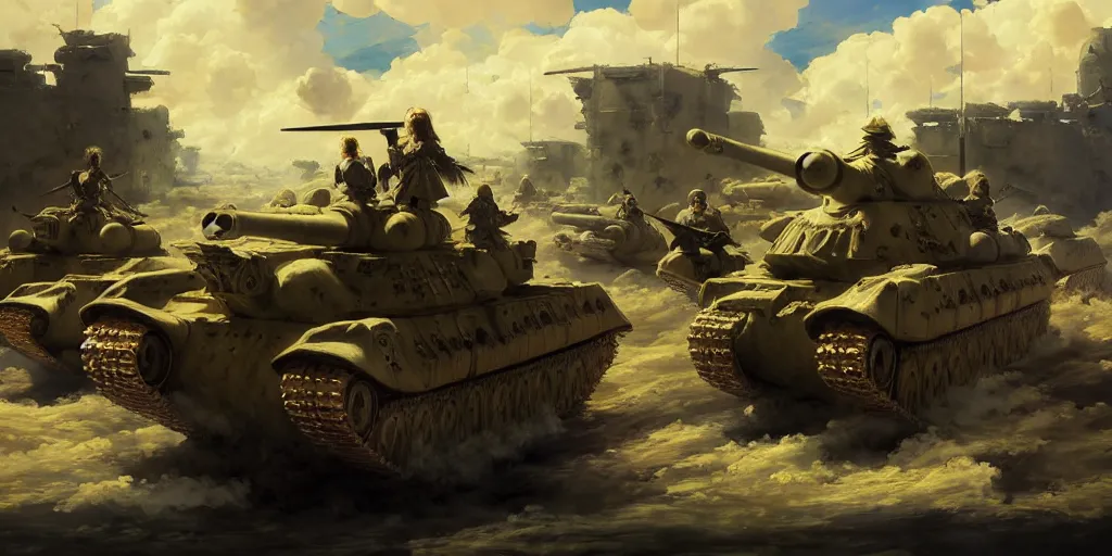 Prompt: baroque oil painting of key visual environment concept art of anime maids riding early tanks in the great war, brutalist fantasy, rule of thirds golden ratio, fake detail, trending pixiv fanbox, acrylic palette knife, style of makoto shinkai ghibli takashi takeuchi yoshiyuki sadamoto jamie wyeth james gilleard greg rutkowski chiho aoshima