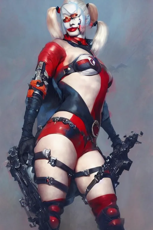 Image similar to Harley Quinn, dc comics, Warhammer 40000, digital art from artstation by Ruan Jia and Mandy Jurgens and Artgerm and william-adolphe bouguereau
