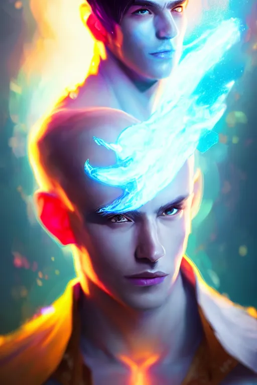 Image similar to a human elemental sorcerer, blurred environment background, colorful magic effects, white skin, portrait, male, clothed, sharp focus, digital art, concept art, trending on artstation, dynamic lighting, by emylie boivin and rossdraws