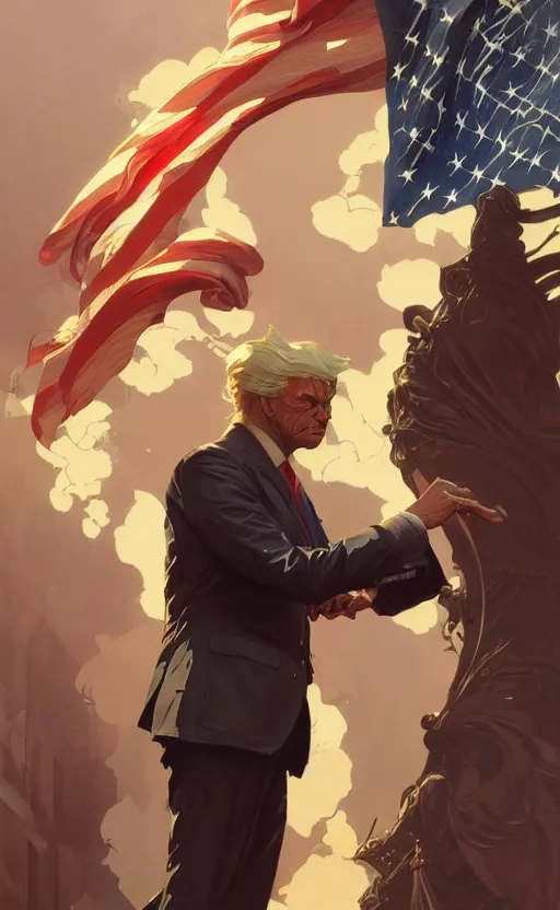 Image similar to a personification of The United States of America, highly detailed, digital painting, artstation, concept art, sharp focus, illustration, art by greg rutkowski and alphonse mucha