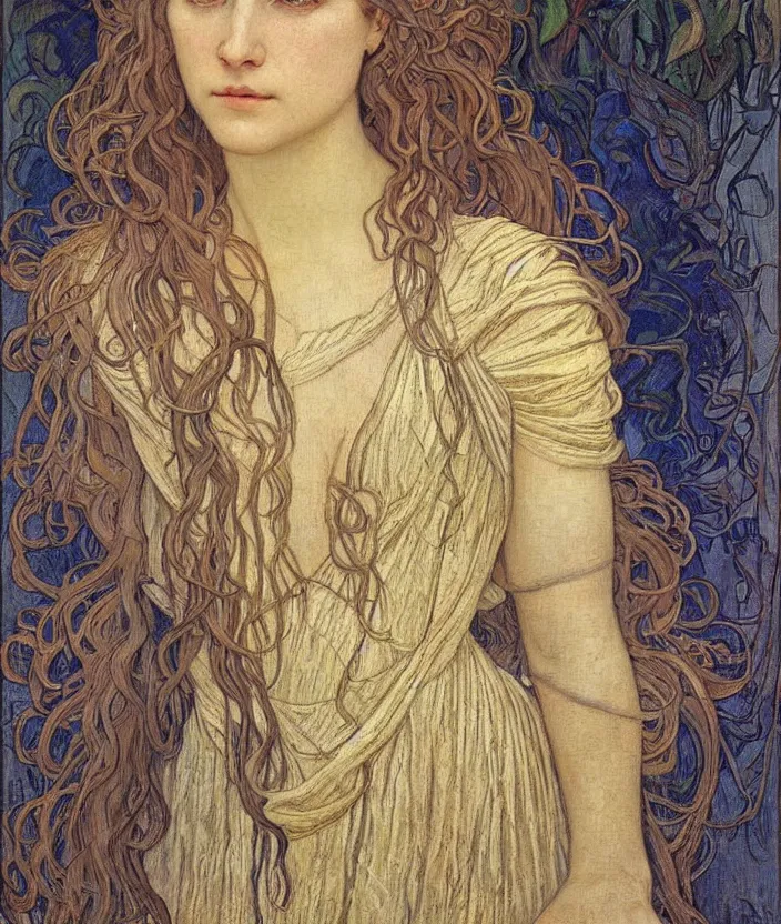 Image similar to detailed realistic beautiful young medieval queen face portrait by jean delville, alphonse mucha, vincent van gogh, and marco mazzoni, art nouveau, symbolist, visionary, gothic, pre - raphaelite