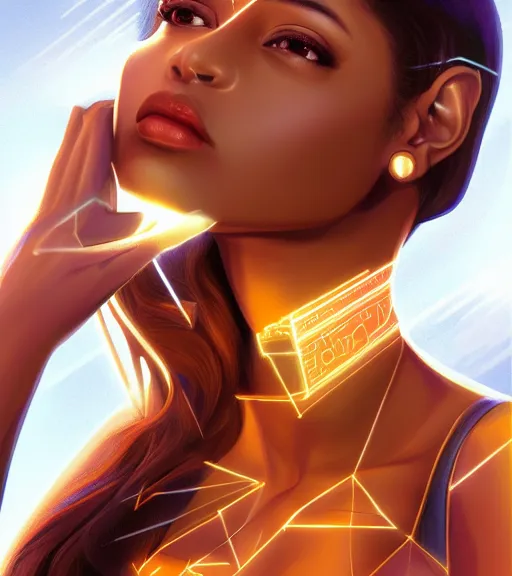 Image similar to symmetry!! egyptian princess of technology, solid cube of light, hard edges, product render retro - futuristic poster scifi, lasers and neon circuits, beautiful brown skin woman egyptian princess, intricate, elegant, highly detailed, digital painting, artstation, concept art, smooth, sharp focus, illustration, dreamlike, art by artgerm