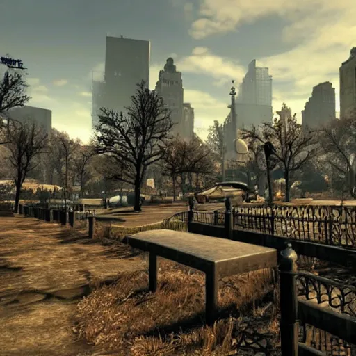 Image similar to central park, new york city in ruins post - nuclear war in fallout 4, in game screenshot