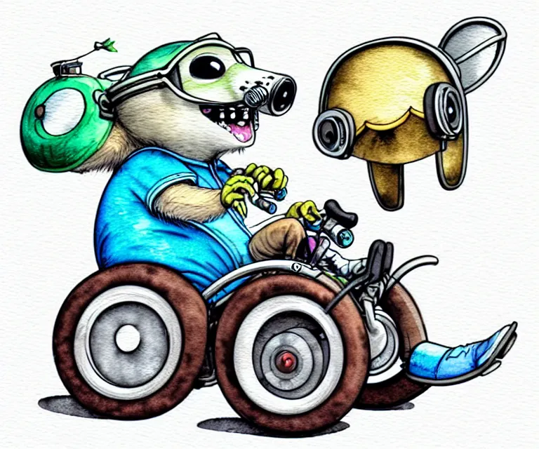 Image similar to cute and funny, racoon waving wearing a helmet riding in a tiny motorized wheelchair, ratfink style by ed roth, centered award winning watercolor pen illustration, isometric illustration by chihiro iwasaki, edited by range murata