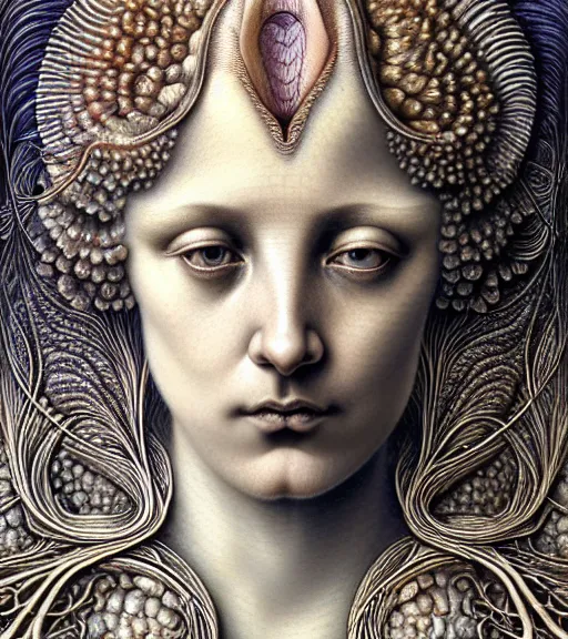 Prompt: detailed realistic beautiful oyster goddess face portrait by jean delville, gustave dore, iris van herpen and marco mazzoni, art forms of nature by ernst haeckel, art nouveau, symbolist, visionary, gothic, neo - gothic, pre - raphaelite, fractal lace, intricate alien botanicals, ai biodiversity, surreality, hyperdetailed ultrasharp octane render