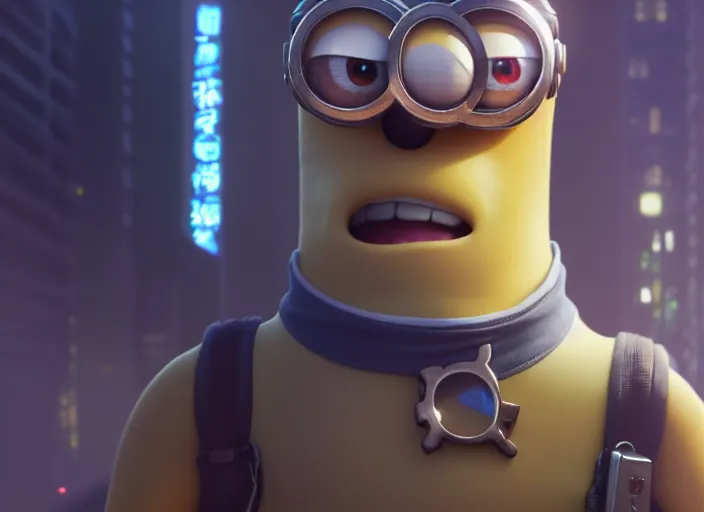 Image similar to a film still portrait of a minion, finely detailed features, minions, cinematic lighting, perfect art, night cyberpunk city, intricate, anime, minion, gapmoe grimdark, artstation, trending on pixiv fanbox, painted by greg rutkowski makoto shinkai takashi takeuchi studio ghibli, akihiko yoshida, 4 k