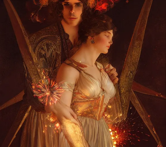 Image similar to photography of a 1 8 th couple in venice with fireworks, deep focus, intricate, elegant, highly detailed, digital painting, artstation, concept art, matte, sharp focus, illustration, art by artgerm and greg rutkowski and alphonse mucha and gil elvgren