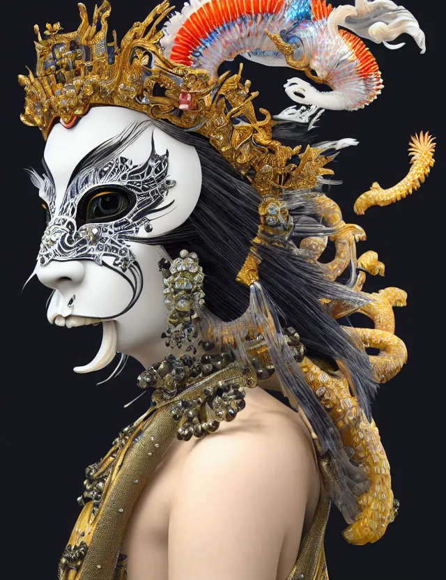 Image similar to 3 d goddess close - up profile portrait with crown, ram skull. beautiful intricately detailed punk japanese crow kitsune mask and clasical japanese kimono. betta fish, jellyfish phoenix, bio - luminescent, plasma, ice, water, wind, creature, artwork by tooth wu and wlop and beeple and greg rutkowski