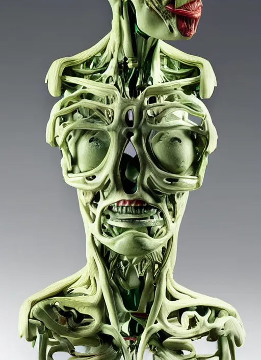 Image similar to a bust sculpture of anatomical detailed wood cyborg, emma stone, green blod, become human, ceramic base, orthographic, studio lighting