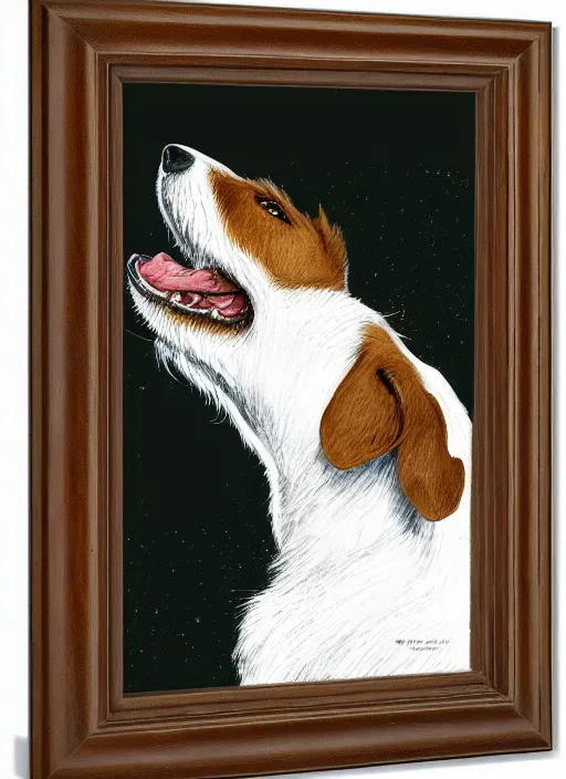 Image similar to portrait of jack russel dog looking up and howling with mouth open sad, night sky, highly detailed, side view, illustrated by peggy fortnum and beatrix potter and sir john tenniel