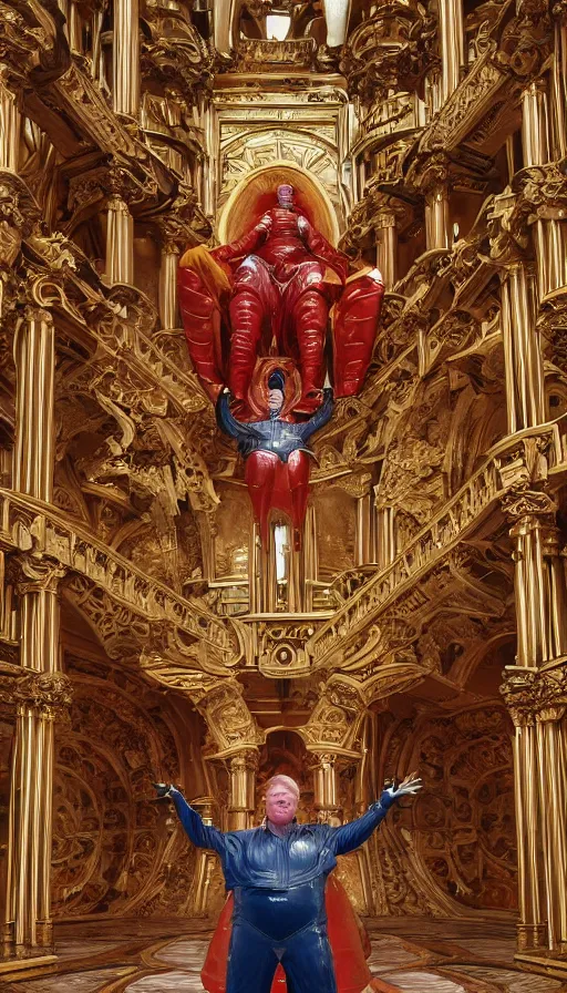 Prompt: Kenneth McMillan as baron harkonnen with red hair dressed in a leather spacesuit standing in front of a giant throne in a huge ornate baroque futuristic room with a low ceiling, marble pillars, beautiful tiled floor, inspired by leyendecker, zdzislaw beksinski, giger, lawrence alma-tadema, 4k, dune concept art, sung choi, artstation photoreal, subdued colours, highly detailed