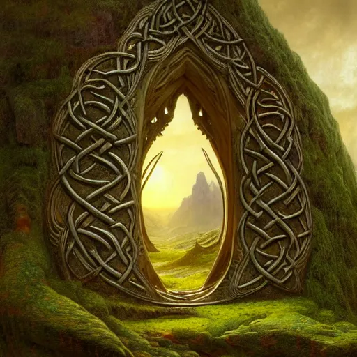 Image similar to a beautiful and highly detailed matte painting of a carved elven portal a land with no gravity, celtic knots, epic scale, insanely complex, hyperdetailed, sharp focus, hyperrealism, artstation, cgsociety, 8 k, by caspar friedrich, albert bierstadt, james gurney, brian froud,