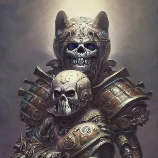 Image similar to skull demigod black armor, anthropomorphic shiba inu, shiba inu face, demigod, stuning 3 d render, masterpiece, glowing aura, by donato giancola and greg rutkowski and wayne barlow and zdzisław beksinski, realistic face