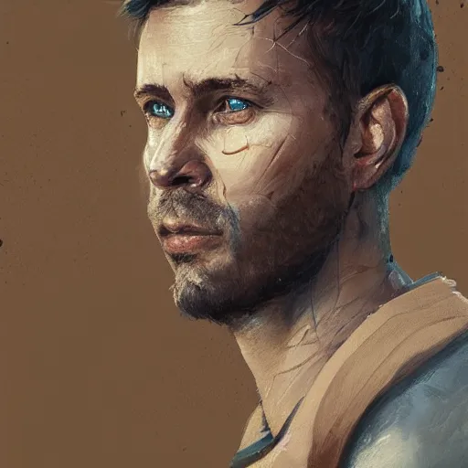 Image similar to Portrait of a man by Greg Rutkowski, he is about 30 years old, Nordic and Hebrew factions, messy brown short hair, strong, tired expression, father figure image, he is wearing a aegean blue utilitarian jumpsuit, highly detailed portrait, scifi, digital painting, artstation, concept art, smooth, sharp foccus ilustration, Artstation HQ.