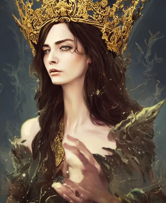 Prompt: masterpiece concept art of a beautiful brunette woman with pale skin and a crown on her head seated on an intricate shadow throne, a beautiful highly detailed fae lady, extremly emotional, cinematic moody colors, realistic shaded lighting poster by ilya kuvshinov, magali villeneuve, artgerm, jeremy lipkin and michael garmash and rob rey