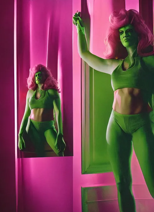 Image similar to a color photo portrait of she hulk in la wearing 6 0's fashion by tim walker, dramatic lighting, 7 5 mm lens, sharp focus.