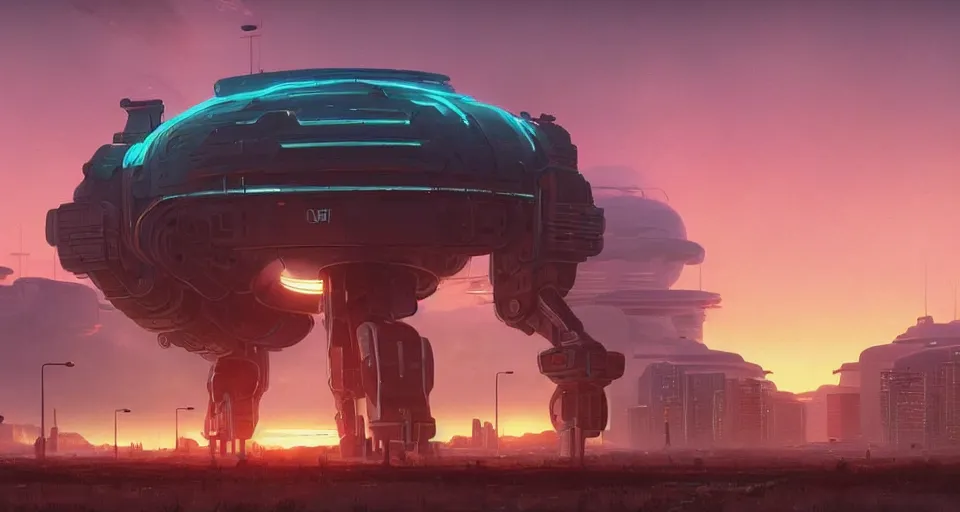 Image similar to GIANT ROBOT MOTHERSHIP looming in the distance, large sunset, cinematic, rendered by simon stålenhag, rendered by Beeple, Makoto Shinkai, syd meade, environment concept, digital art, unreal engine, 3 point perspective, WLOP, trending on artstation, low level, 4K UHD image, octane render,
