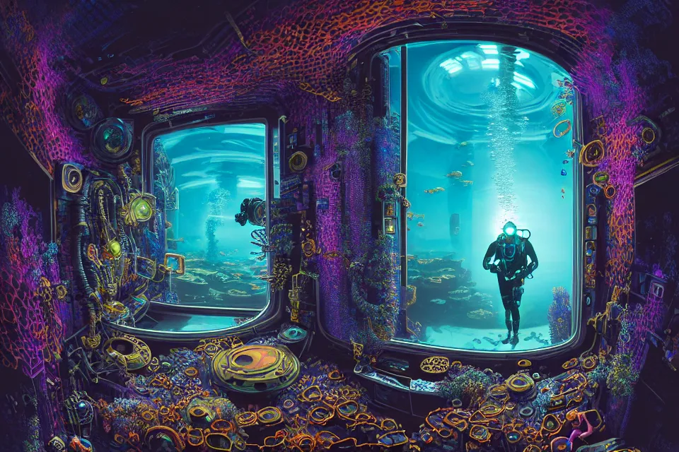 Image similar to detailed portrait of a cyberpunk scuba diver inside a dmt portal, cinematic lighting, corals, big mirrors, stacked computer screens, science lab, fish eye lens, wide angle, 8 k high resolution, by james r eads and tomasz alen kopera