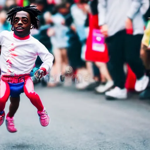 Image similar to portrait of midget down syndrome playboi carti running in a marathon, sharp focus, 4 k editorial photograph, soft lighting, depth of field