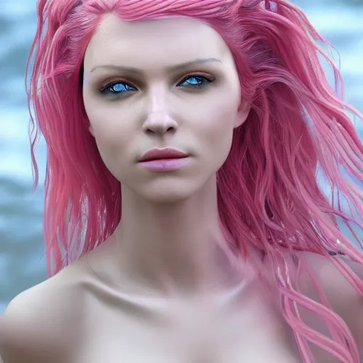 Prompt: naiad with fish tale, with light pink hair, photorealistic, 4k