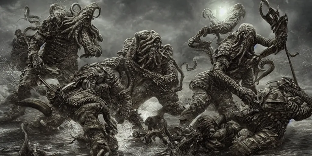 Image similar to Soldiers fighting Cthulhu, Photorealistic, insane_details