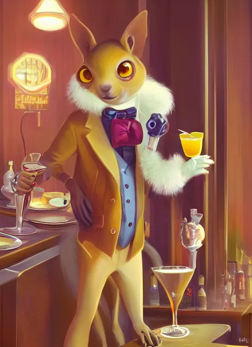 Prompt: squirrel anthro as a dapper bartender with a big, fluffy tail, retro futurism, art deco, detailed, painterly digital art by WLOP and Cory Loftis and Victor Nizovtsev, 🐿🍸🍋, furaffinity, trending on artstation