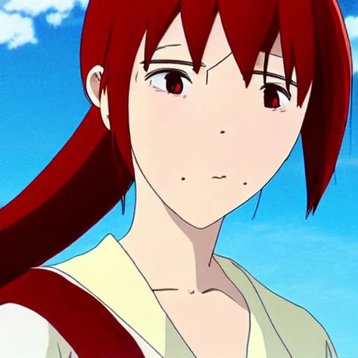 Prompt: A still from an anime of a young woman with a fake nose has red hair in the style of Studio Ghibli,