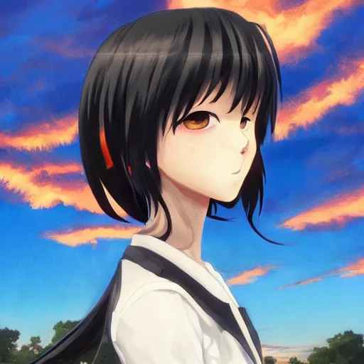 Image similar to black - haired anime girl, 1 7 - year - old anime girl with long bob cut, gothic jacket, golden hour, partly cloudy sky, red clouds, orange sky, strong lighting, strong shadows, vivid hues, ultra - realistic, sharp details, subsurface scattering, intricate details, art by artgerm, greg rutkowski, 2 0 1 9 anime screenshot