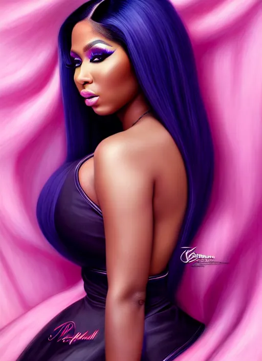 Image similar to a gorgeous rendition of nicki minaj, professionally retouched, soft lighting, realistic, smooth face, full body shot, torso, dress, perfect eyes, wide angle, sharp focus on eyes, 8 k high definition, insanely detailed, intricate, elegant, art by artgerm and jason chan and mark hill, safe for work