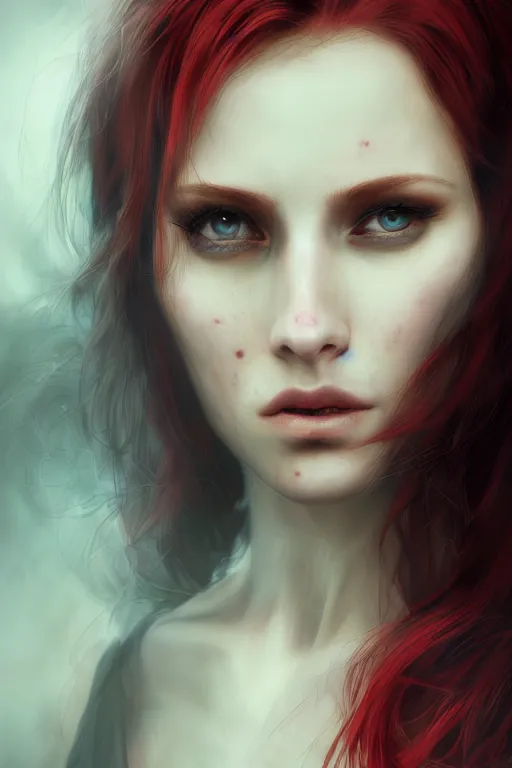 Image similar to extreme close up red haired vampire character portrait, beautiful face, cinematic lighting, hyper - detailed, cgsociety, 8 k, high resolution, in the style of charlie bowater, tom bagshaw, single face, symmetrical, headshot photograph, insanely detailed and intricate, cinematic, portrait, raphaelite, headroom, artstation, pierre - auguste renoir