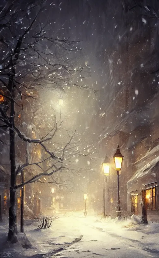 Winter Night Snow Street Lights Painting Gráfico por Alone Art