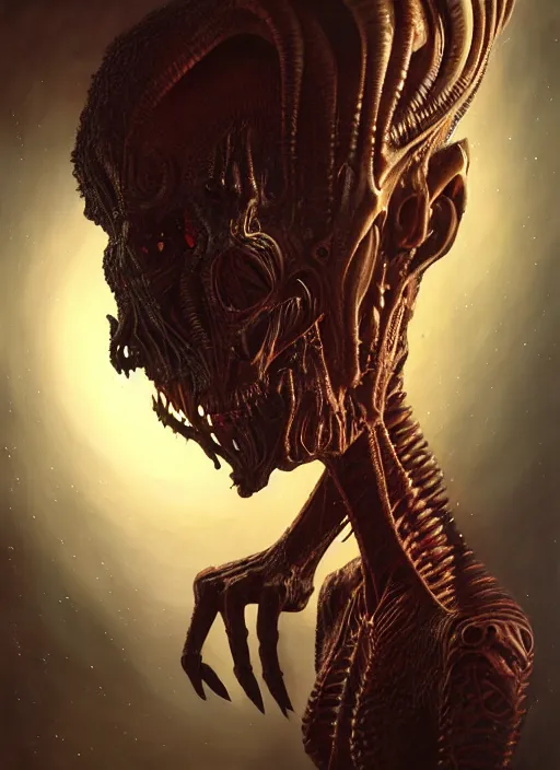 Image similar to ultra realist horror painting of a dimly lit attractive alien female and hellish creature together, very intricate details, focus, curvy, full frame image, artstyle hiraku tanaka and craig mullins, award winning