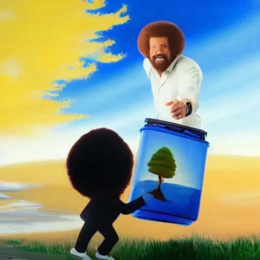 Image similar to Bob Ross throwing paintings away into the trash bin, trending on artstation, 4k, 8k