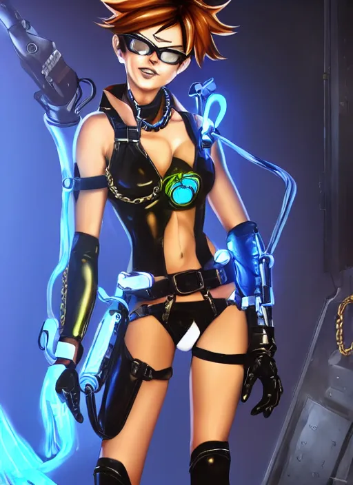 Image similar to full body digital artwork of tracer overwatch, wearing black iridescent rainbow latex bikini, 4 k, expressive happy smug expression, makeup, in style of mark arian, wearing detailed black leather collar, wearing chains, black leather harness, leather cuffs around wrists, detailed face and eyes,
