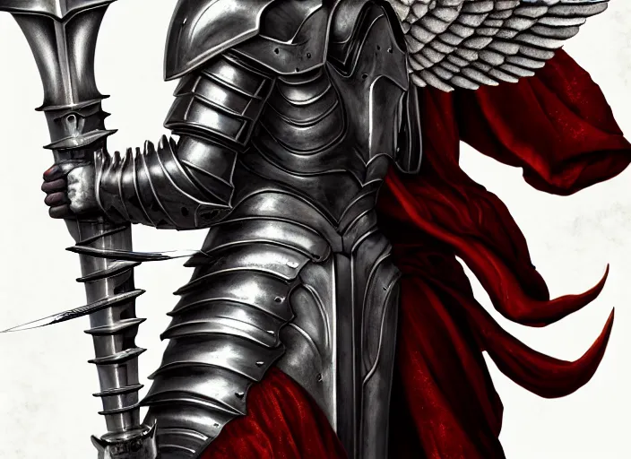 Image similar to a digital painting of an angel in armor in armor in armor holding two swords, a digital rendering by jan tengnagel, fantasy art, deviantart uhd, deviantart, apocalypse art, ray tracing, highly detailed, high quality, 8 k resolution