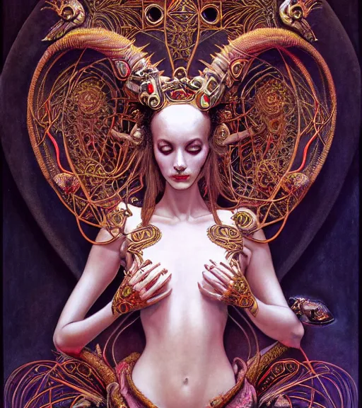 Image similar to symmetrical painting, a beautiful female succuba queen in dress, pretty, detailed and intricate, perfect body shape, perfect face, hypermaximalist, elegant, ornate, luxury, elite, matte painting, cinematic lighting, james jean, brian froud, wayne barlowe