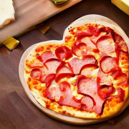 Prompt: heart shaped pizza with alot of cheese, on a wooden plate