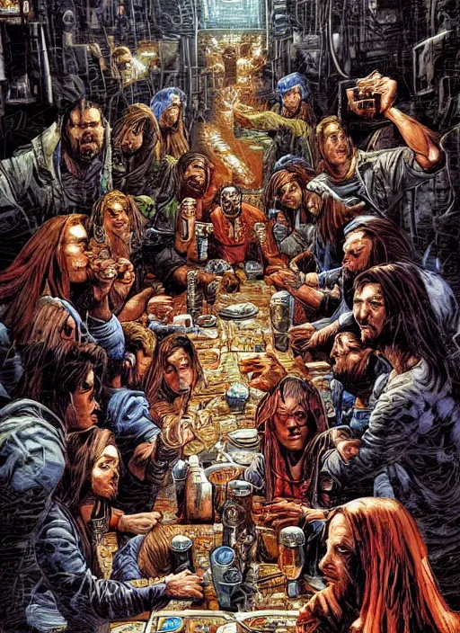 Prompt: the last supper beautiful painting by mike deodato and tim doyle and jeff easley, highly detailed, illustration, epic, cyberpunk, intricate, hyper detailed, artstation, concept art, smooth, sharp focus, ray tracing